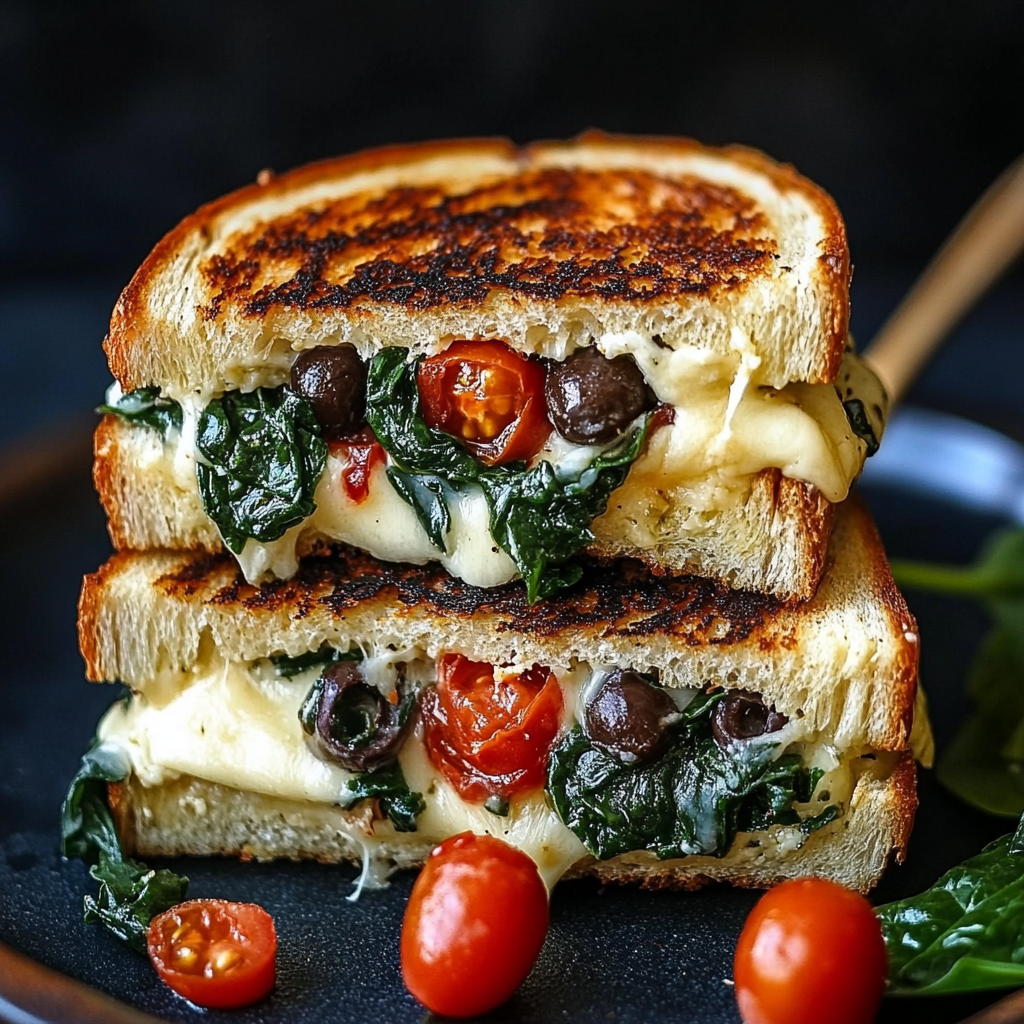 Close-up of a Mediterranean Spinach Grilled Cheese sandwich with golden-brown toasted bread, melted cheese, and vibrant spinach leaves.