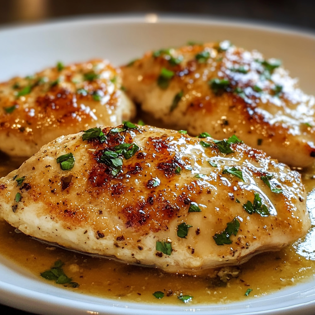 Close-up of baked melt-in-your-mouth chicken breast topped with creamy sauce and garnished with fresh herbs