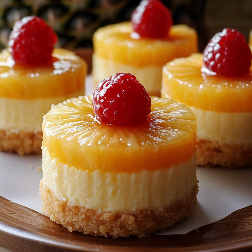 Mini pineapple upside-down cheesecakes with caramelized pineapple topping on a graham cracker crust
