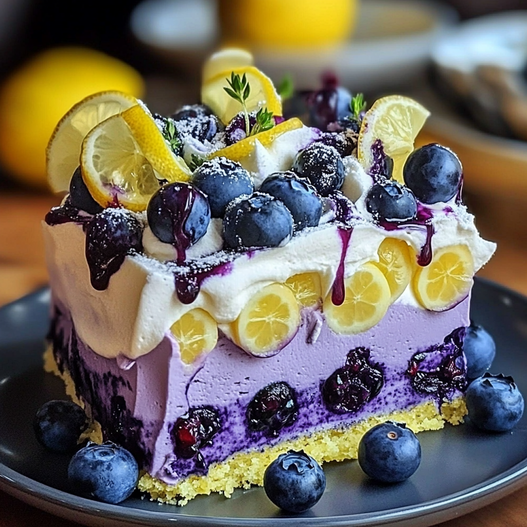 Slice of No-Bake Lemon Blueberry Cream Cake showing layers of lemon filling, blueberries, and graham cracker crust.