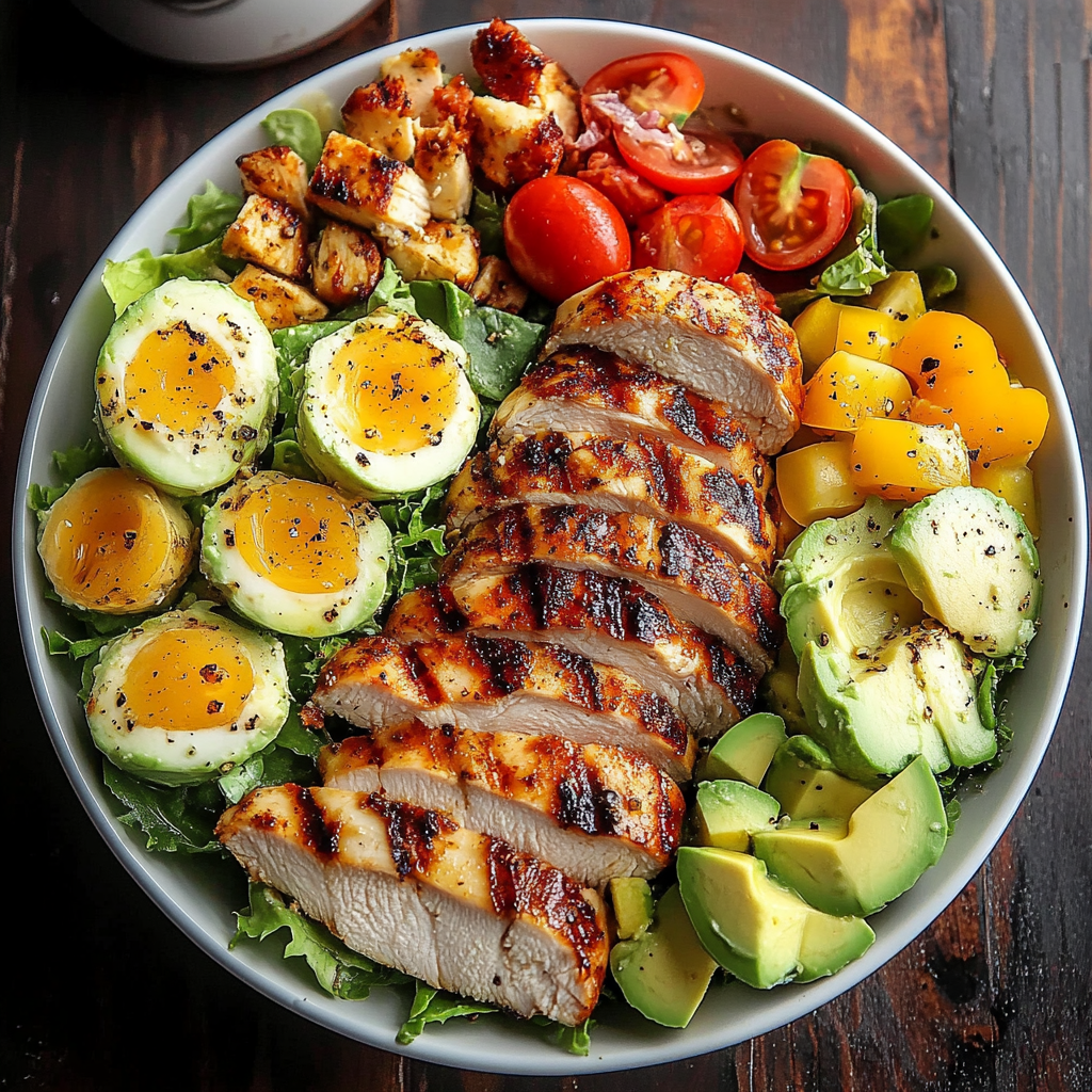 Bowl of Paleo Grilled Chicken Cobb Salad with grilled chicken, avocado, bacon, hard-boiled eggs, and fresh vegetables.