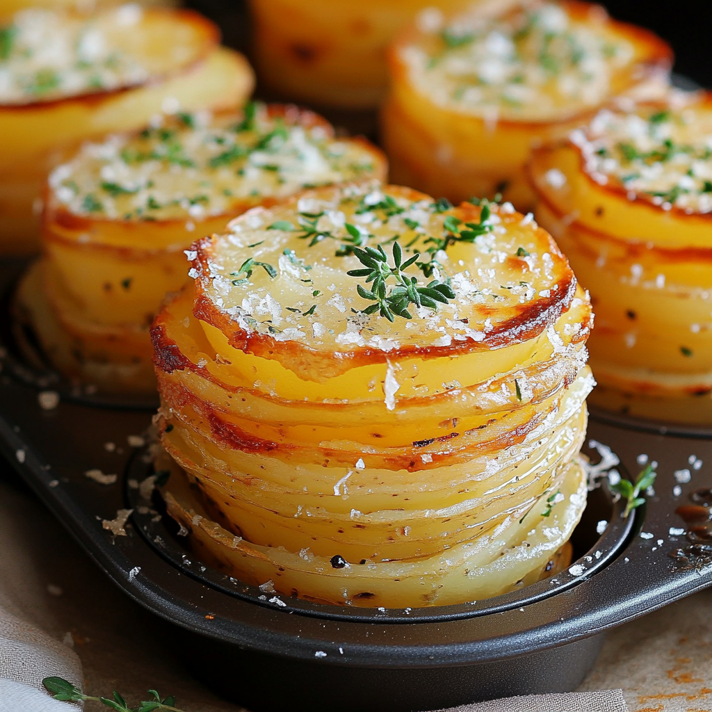 Golden Parmesan Potato Stacks baked in muffin tins, garnished with fresh thyme