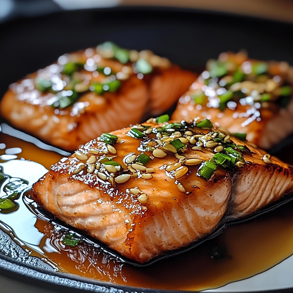 Crispy pan-seared honey garlic salmon fillets glazed and served with rice and green vegetables