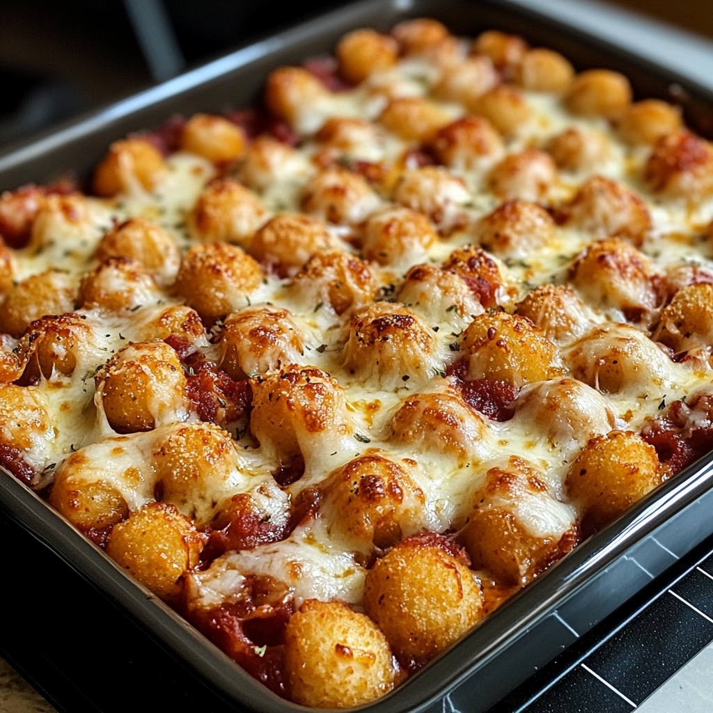 Cheesy pizza tot casserole fresh from the oven with melted cheese and pepperoni