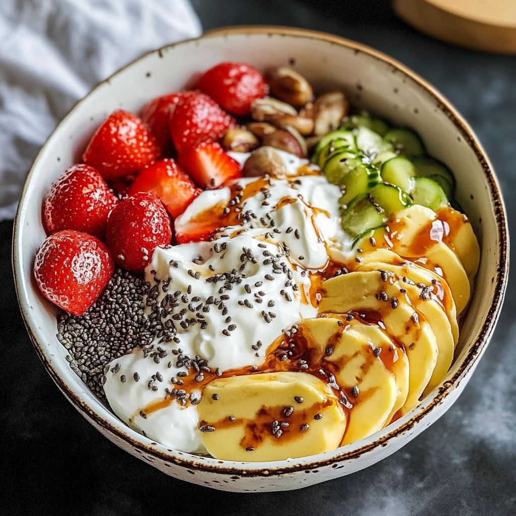Bowl of protein yogurt topped with fresh berries, nuts, and seeds.