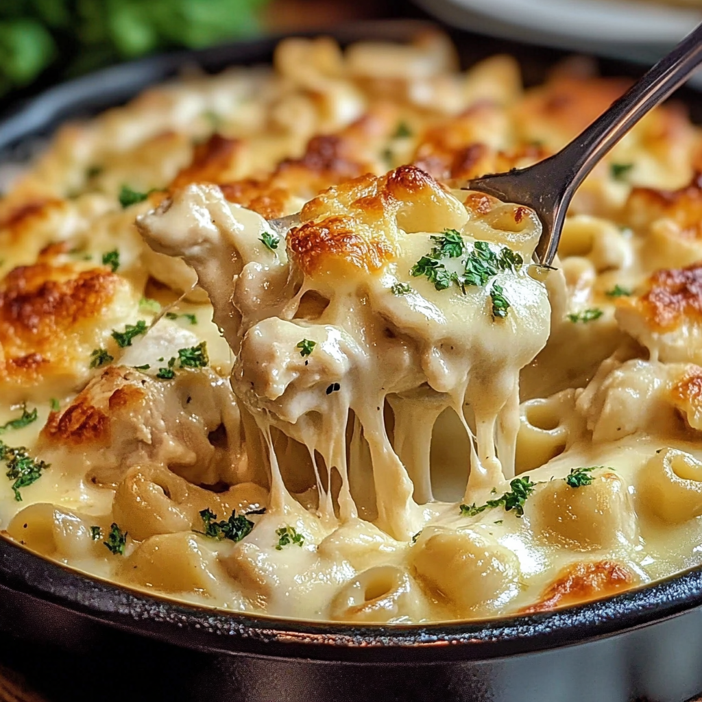 Baked chicken Alfredo casserole with melted cheese and parsley in a white baking dish.