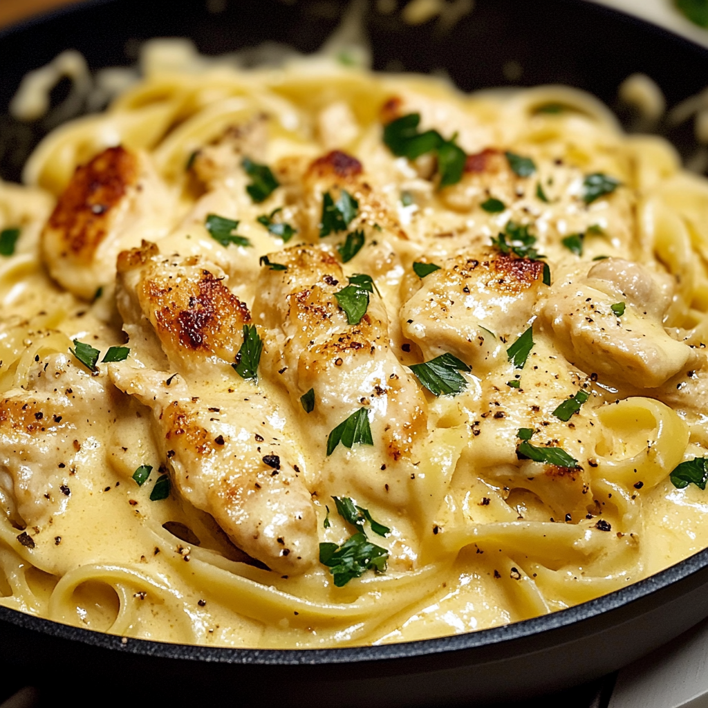 Bowl of creamy ricotta chicken pasta garnished with fresh basil and grated Parmesan cheese.