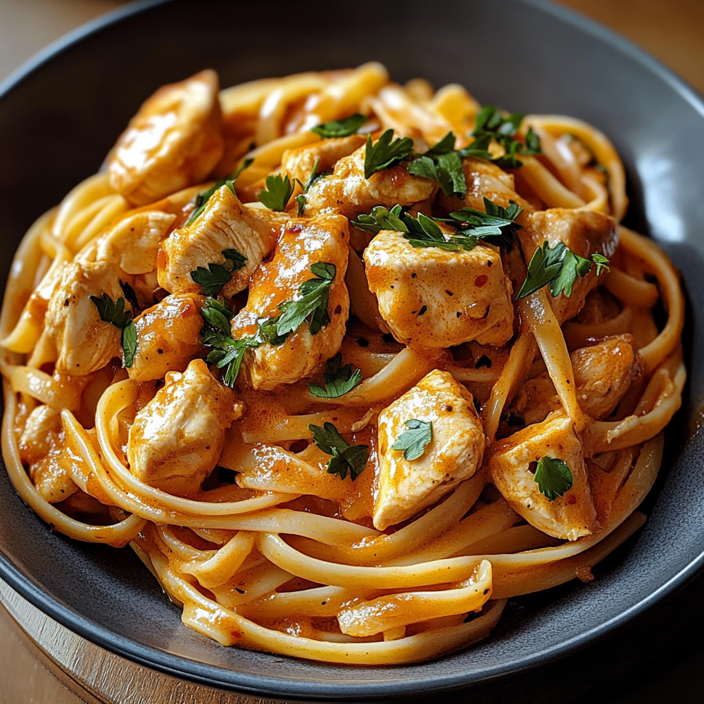 Bowl of cowboy butter chicken linguine garnished with fresh parsley and lemon wedges