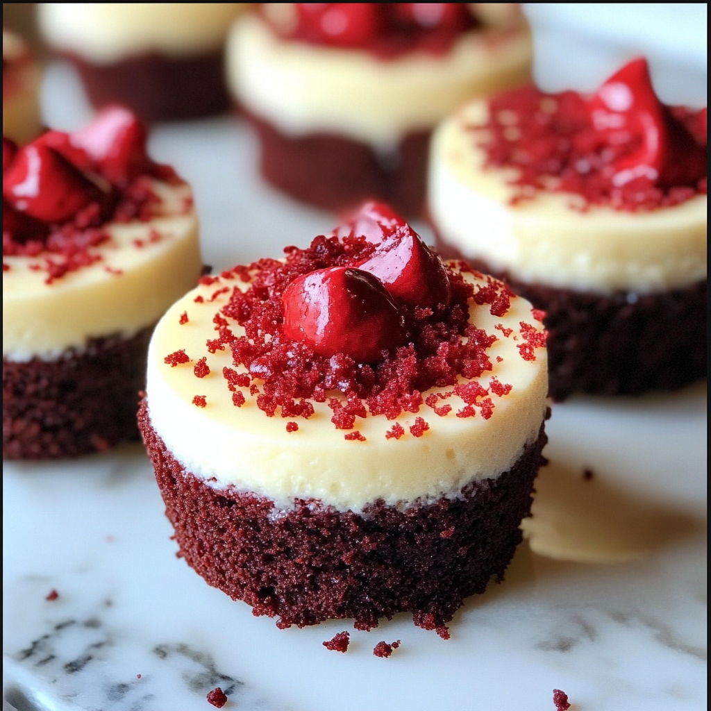 Mini cheesecakes with red velvet brownie base topped with creamy cheesecake and a dollop of whipped cream