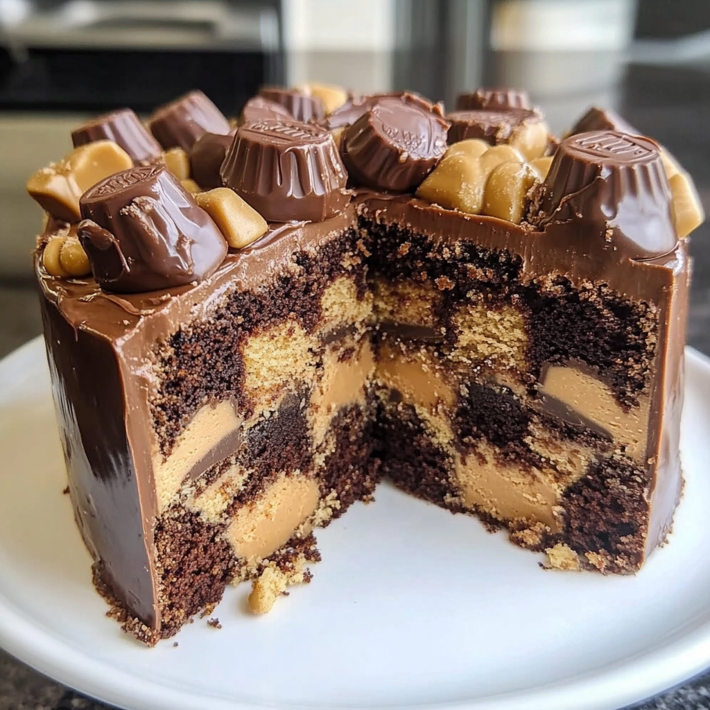 Reese's peanut butter cup earthquake cake Close-up of Reese's Peanut Butter Cup Earthquake Cake with melted chocolate and peanut butter swirls, topped with chopped Reese's cups