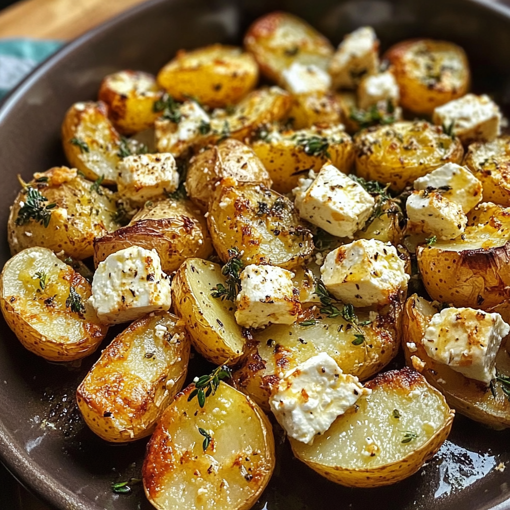 Golden roasted potato cubes with melted feta and roasted garlic cloves, garnished with fresh herbs in a baking dish.
