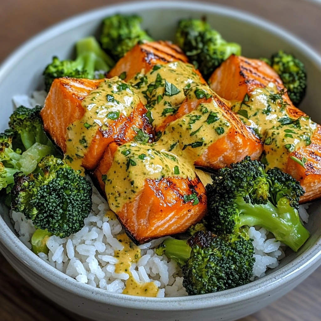 Bowl filled with grilled salmon, roasted broccoli, quinoa, and a drizzle of lemon dressing