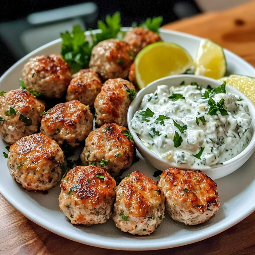Plate of baked Greek turkey meatballs garnished with fresh herbs, served alongside a bowl of creamy tzatziki sauce.