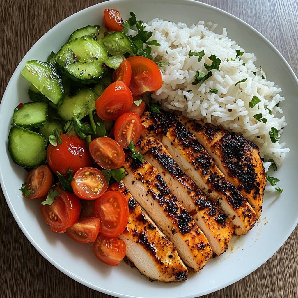 Plate of grilled chicken with rice and fresh tomato salad