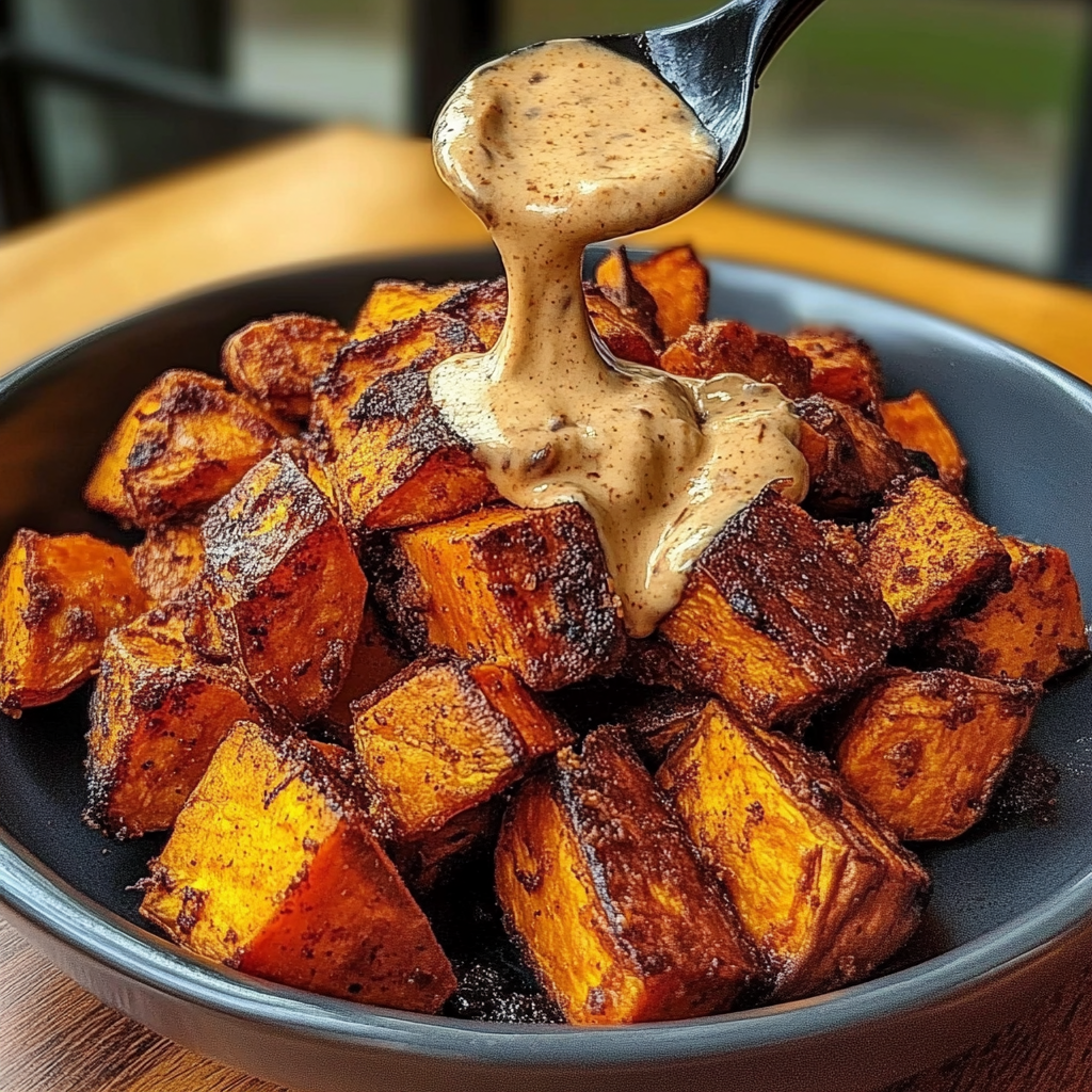 Golden roasted sweet potato wedges served with a side of creamy chipotle mayo, garnished with fresh herbs on a rustic plate.