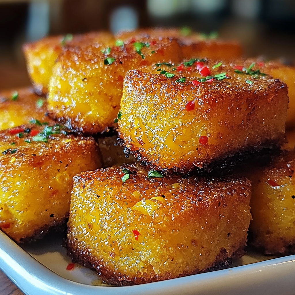 Golden-brown Southern-Style Honey Butter Cornbread Poppers drizzled with honey butter glaze, served on a rustic wooden platter.