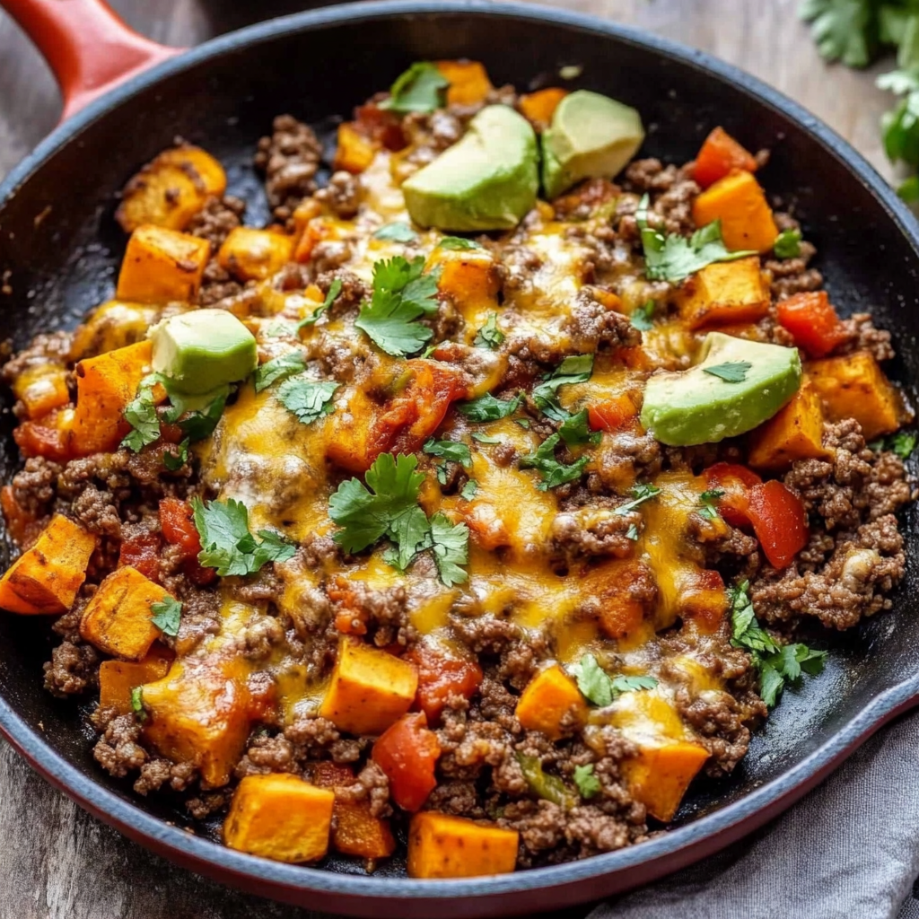 southwest ground beef sweet - Skillet filled with seasoned ground beef, diced sweet potatoes, black beans, corn, and garnished with fresh cilantro