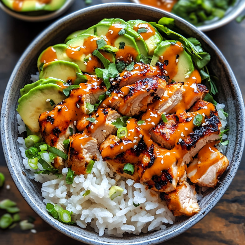 Bowl of spicy honey-ginger chicken served over rice with avocado, cucumber, kimchi, and drizzled with yum yum sauce
