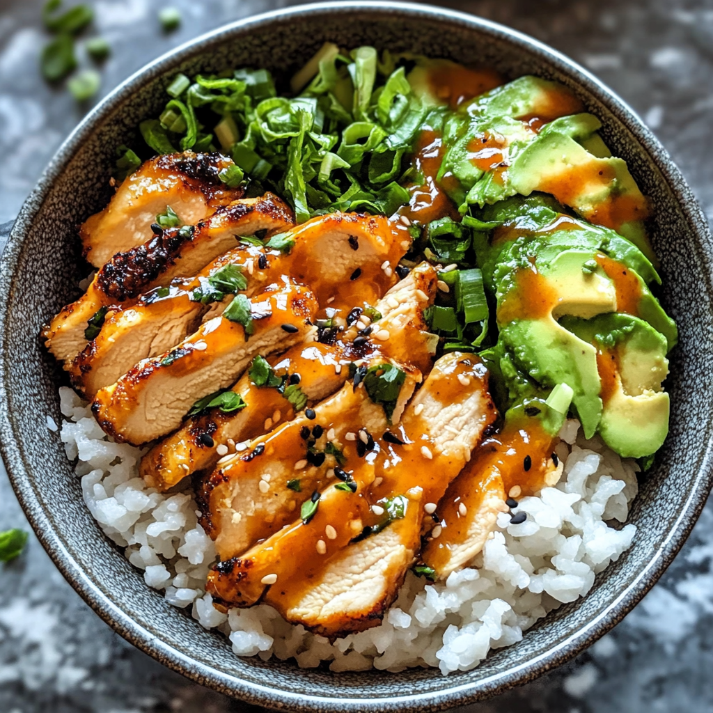 Bowl of spicy honey-ginger chicken over rice with avocado, cucumber, and Yum Yum Sauce