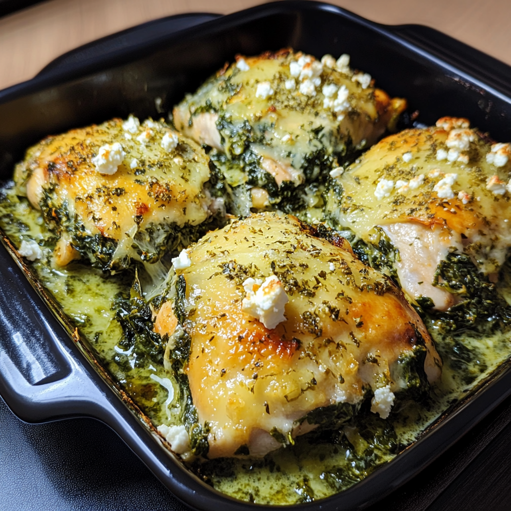 Baked chicken breasts topped with creamy spinach and feta mixture, garnished with fresh herbs