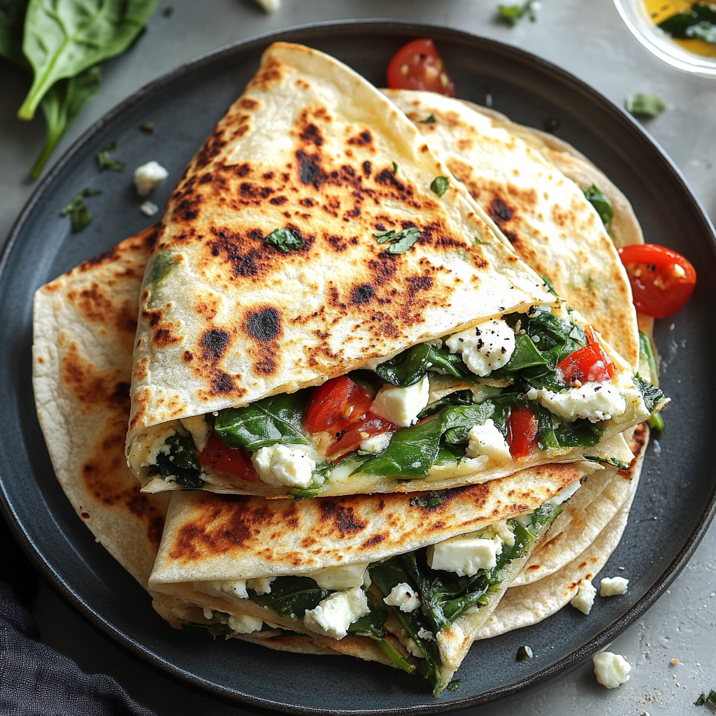 Golden brown spinach and feta quesadillas cut into wedges, served with a side of tzatziki sauce.