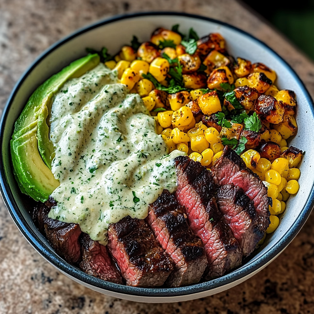 Bowl filled with sliced steak, avocado, roasted corn, cherry tomatoes, and drizzled with cilantro cream sauce