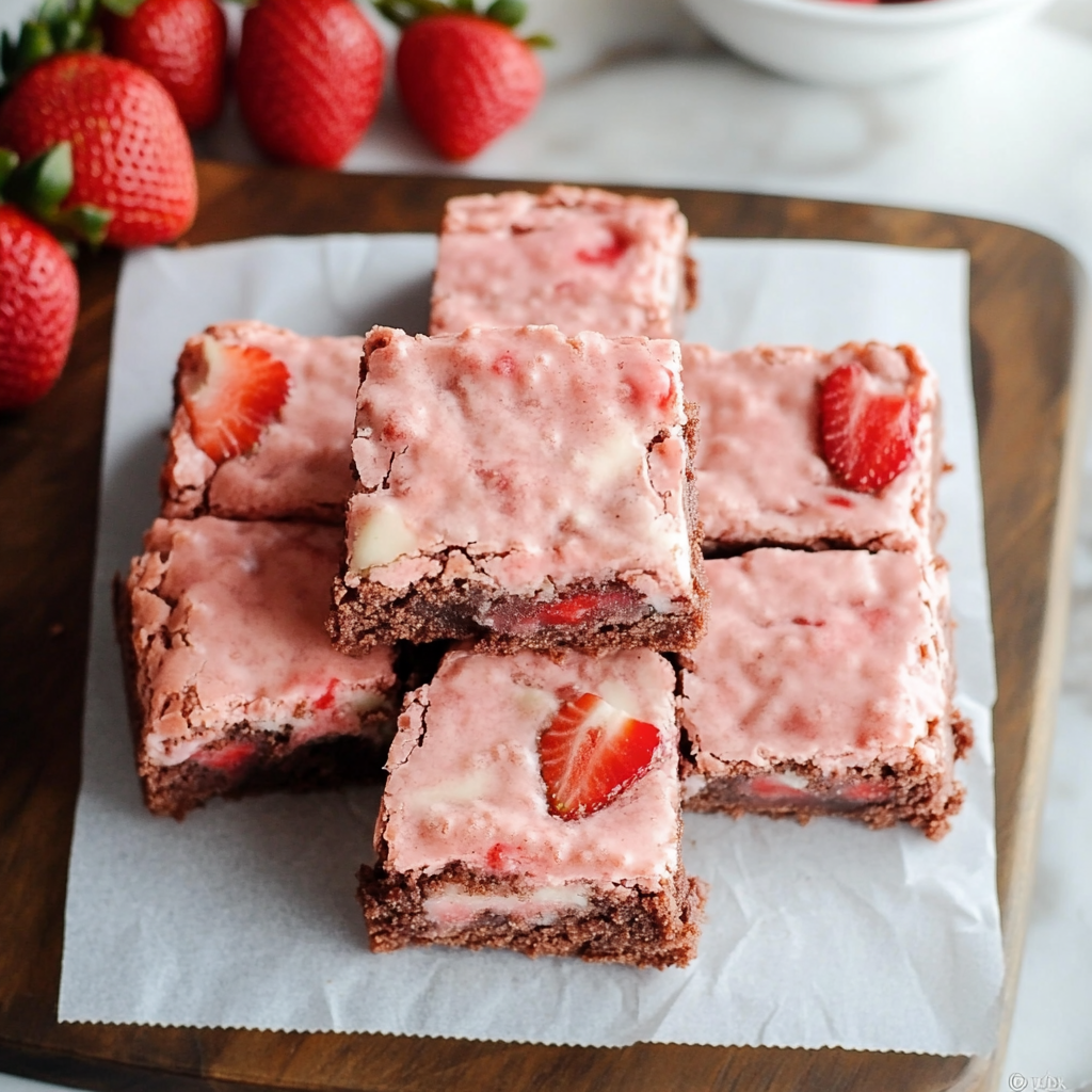 Fudgy strawberry brownies with a pink glaze, cut into squares and displayed on a white marble surface