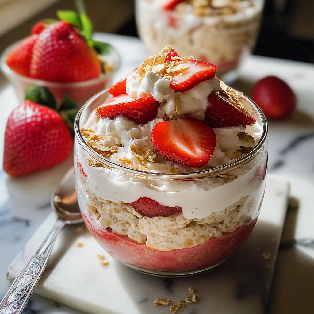 Jar of strawberry cheesecake overnight oats topped with fresh strawberries and crushed graham crackers.