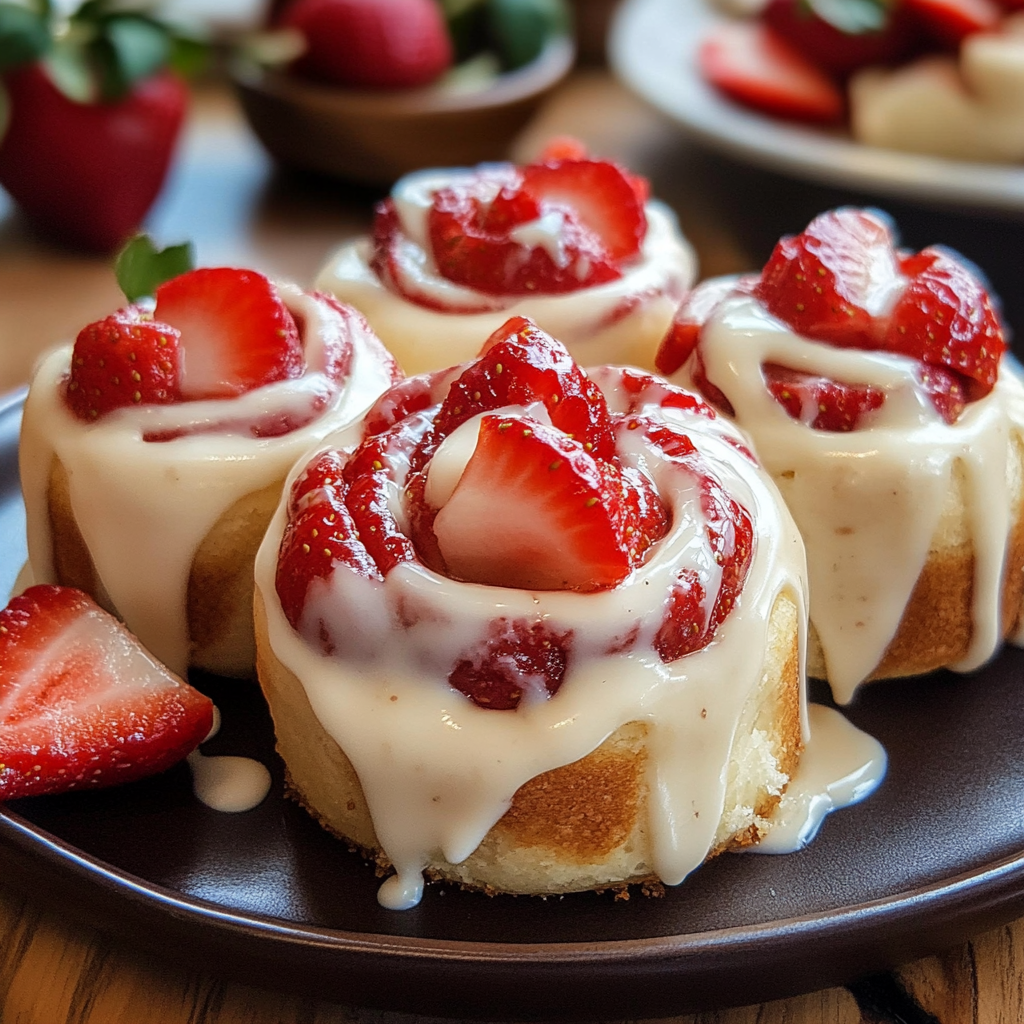 Close-up of Strawberry Cheesecake Cinnabon Roll topped with cream cheese frosting and fresh strawberry slices.