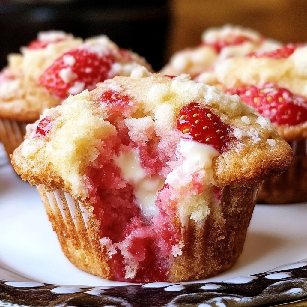 Close-up of a Strawberry Cream Cheese Muffin with a bite taken, revealing creamy filling and fresh strawberry pieces.