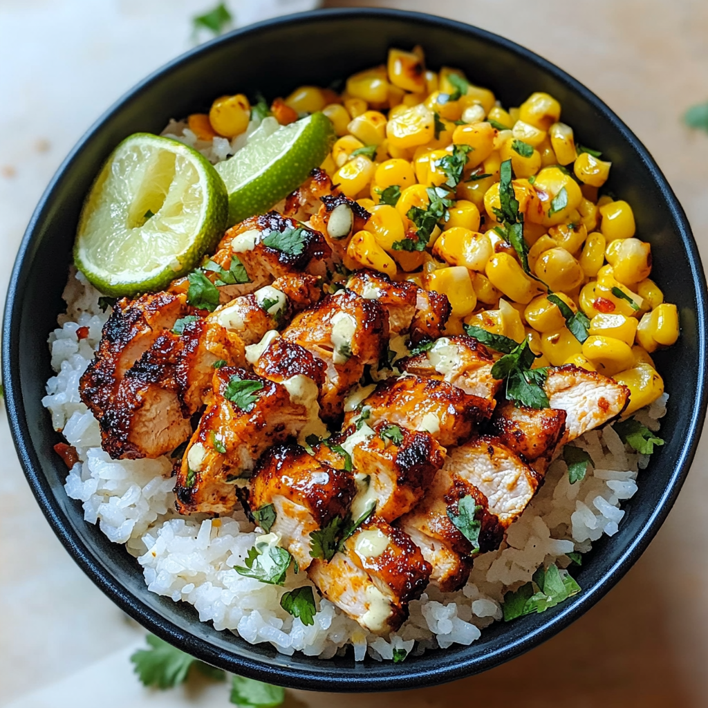 Bowl of grilled chicken, street corn, and lime rice topped with cilantro and cotija cheese