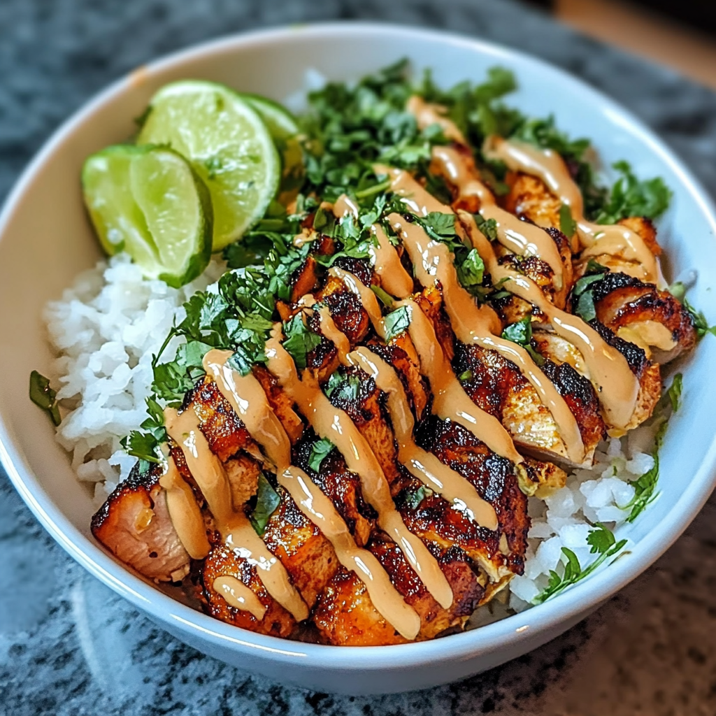 sweet chili chicken bowl - Bowl of sweet chili chicken served over rice with vegetables and drizzled with coconut lime sauce