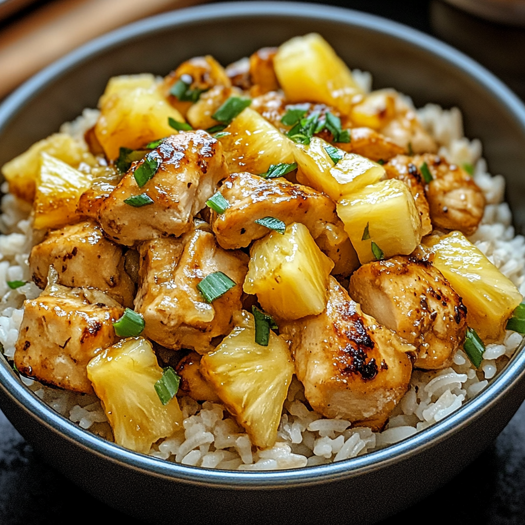 A plate of Sweet and Savory Pineapple Chicken and Rice garnished with fresh cilantro and sesame seeds, showcasing tender chicken pieces and vibrant pineapple chunks over steamed rice.