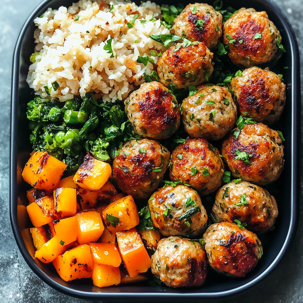 Meal prep containers filled with paleo turkey meatballs over roasted spaghetti squash, topped with marinara sauce and fresh herbs.