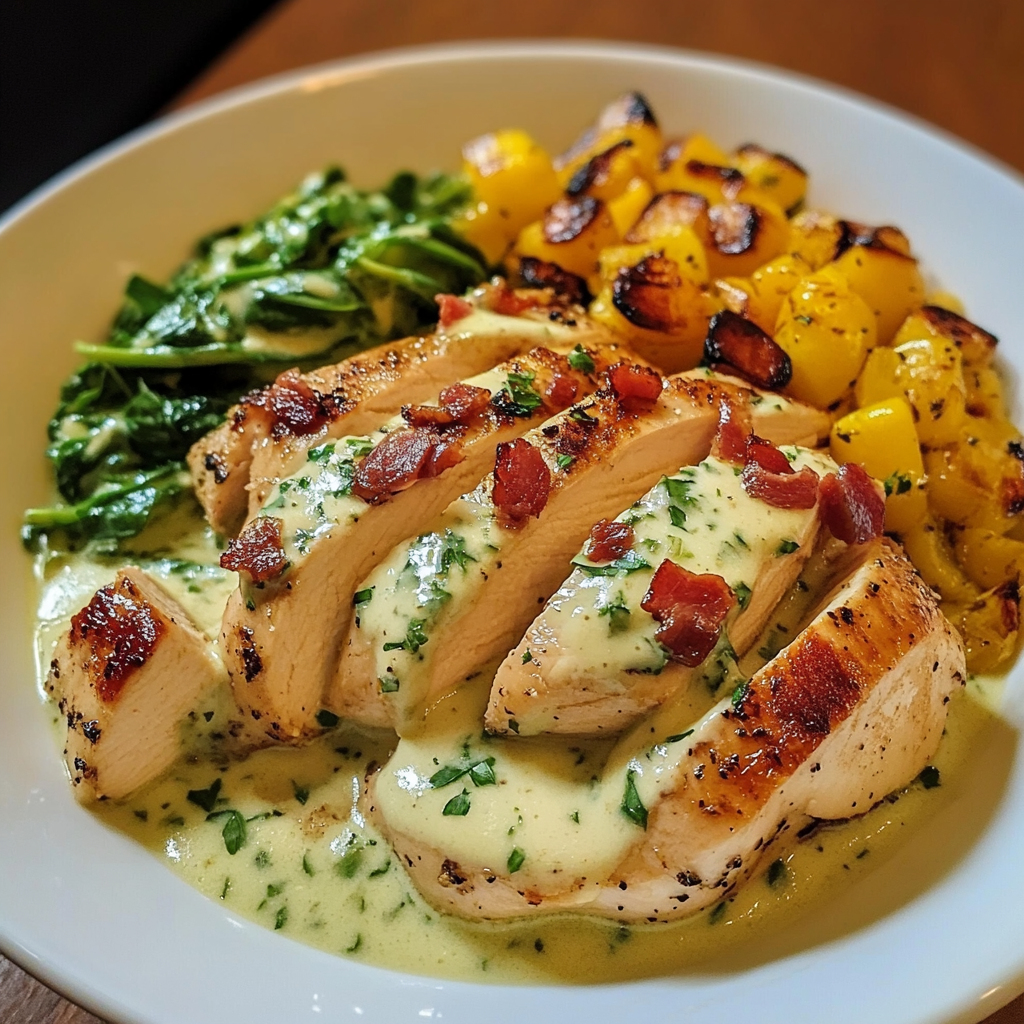 Plate of Tuscan pancetta chicken fillet drizzled with garlic cream sauce and garnished with fresh herbs