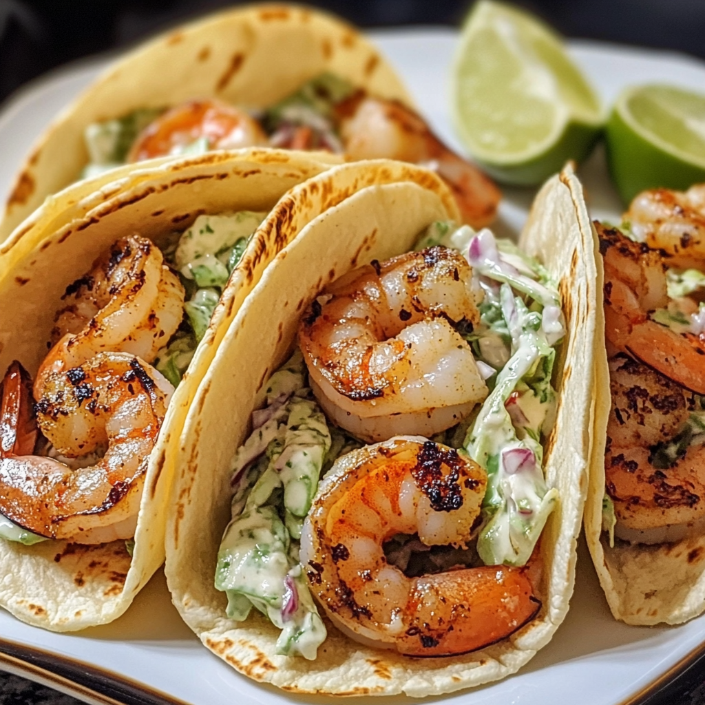 Plate of cilantro lime shrimp tacos topped with creamy slaw and avocado slices, garnished with fresh cilantro and lime wedges.
