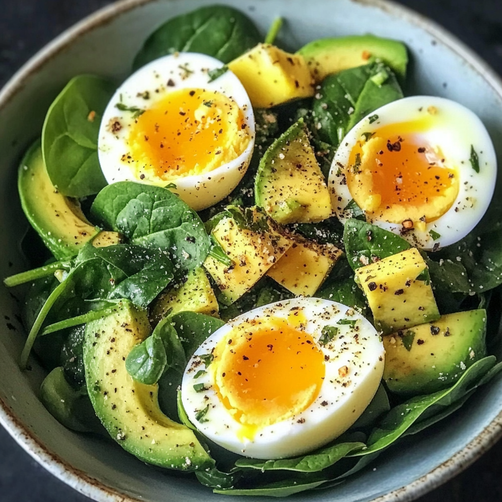 avocado egg spinach salad - Fresh spinach salad with sliced avocado, boiled egg, and a light vinaigrette dressing