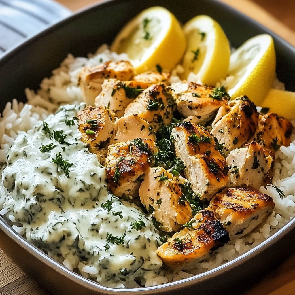 Baked chicken and rice casserole topped with creamy tzatziki sauce and fresh herbs