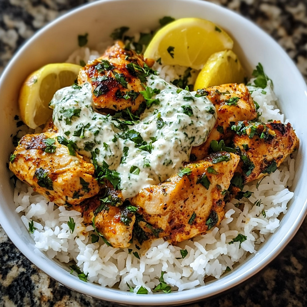 Baked chicken tzatziki with rice in a casserole dish, garnished with fresh herbs and lemon slices.