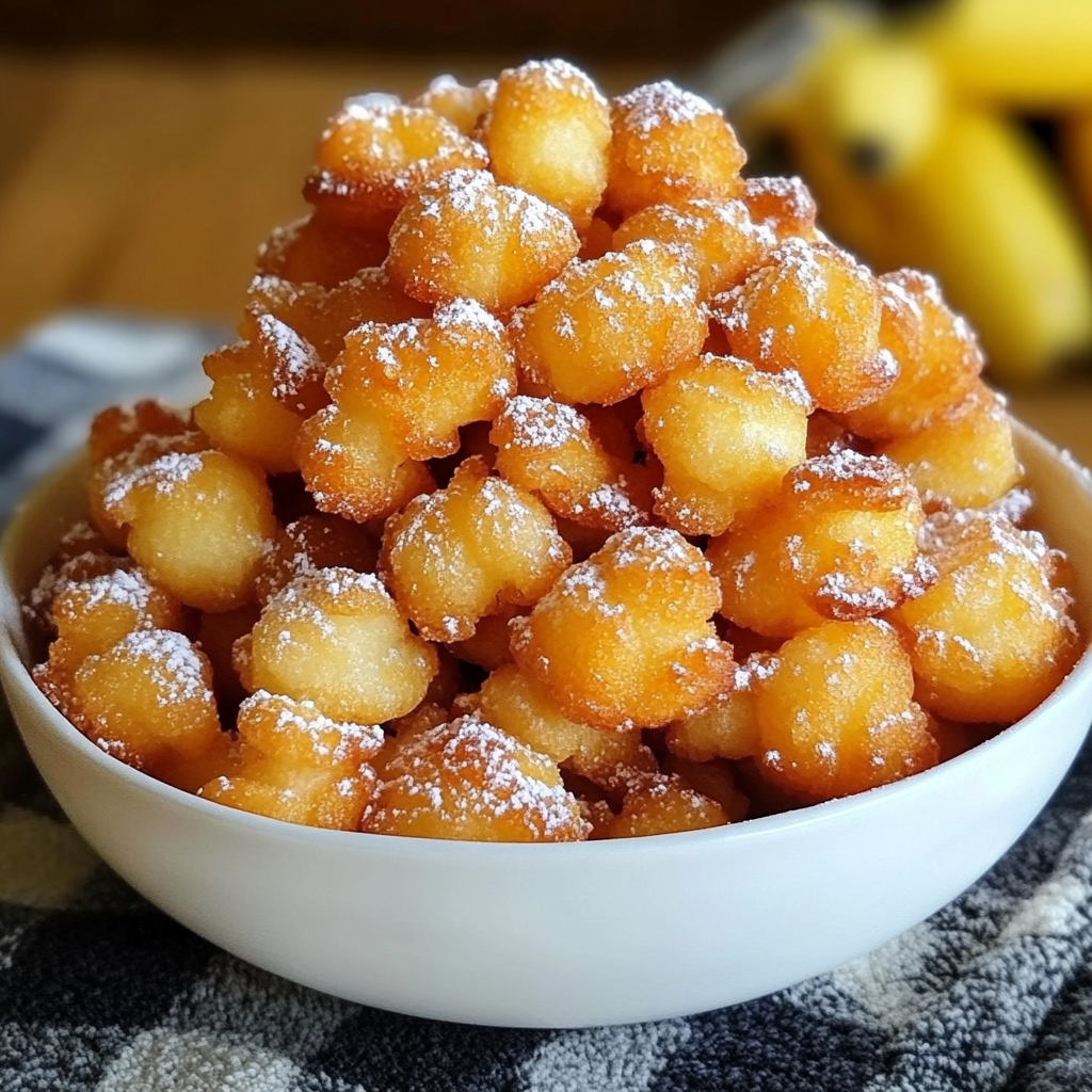 Plate of golden funnel cake bites dusted with powdered sugar