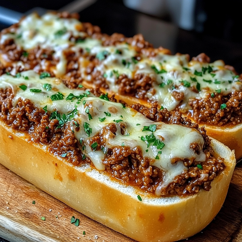 Italian Garlic Bread Sloppy Joes topped with melted mozzarella cheese and fresh basil