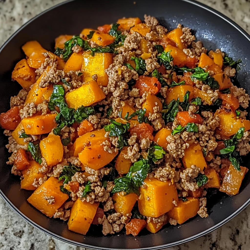Skillet filled with ground turkey, diced sweet potatoes, and colorful vegetables, garnished with fresh herbs.