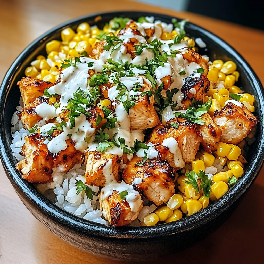 Bowl of Street Corn Chicken Rice with grilled chicken, roasted corn, and lime crema garnish