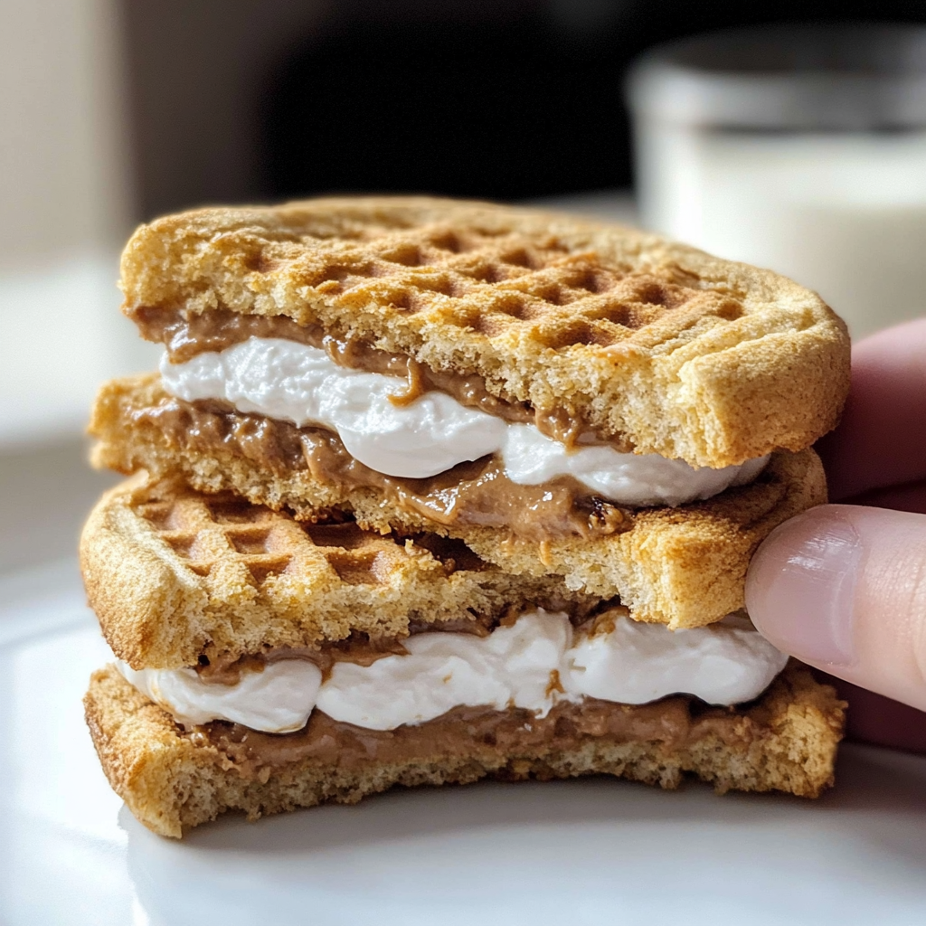 Close-up of a grilled peanut butter s'mores sandwich with melted chocolate and marshmallow oozing out
