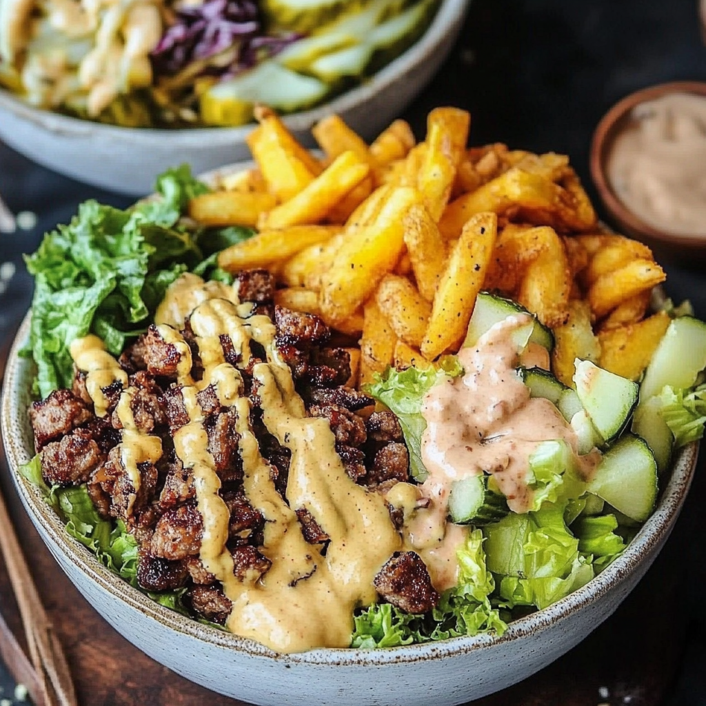 Easy Burger Bowl Dinner Bowl filled with seasoned ground beef, fresh lettuce, cherry tomatoes, pickles, red onion, shredded cheese, and a drizzle of special sauce.