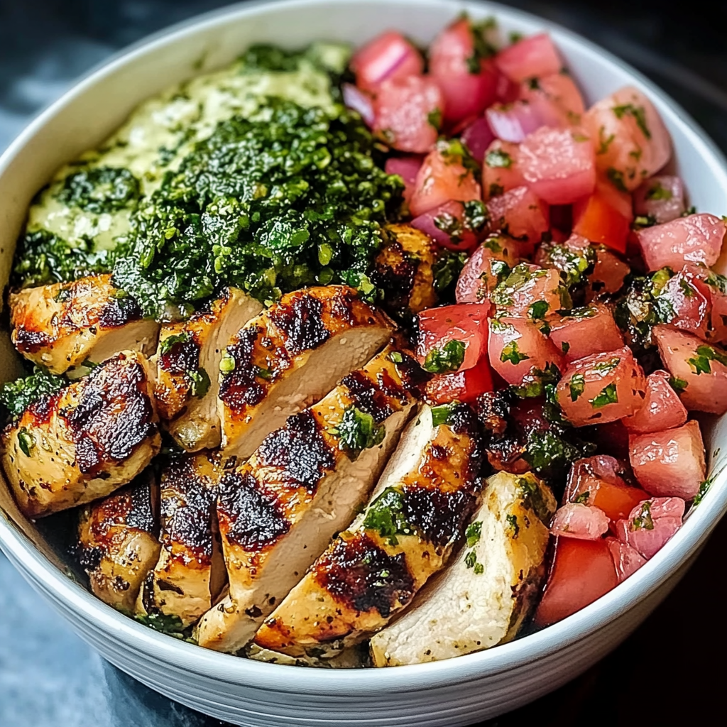 Bowl filled with grilled chimichurri-marinated chicken, drizzled with garlic sauce, served over rice with fresh vegetables and garnished with herbs.
