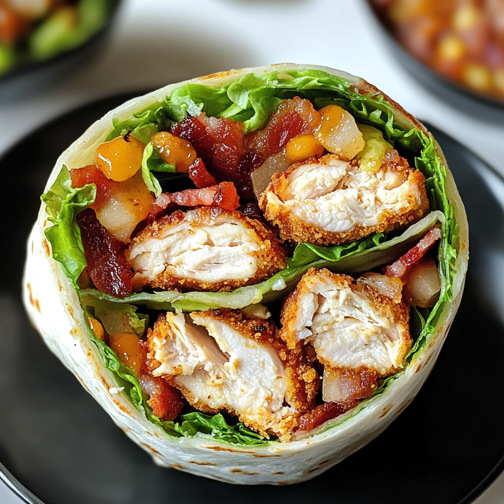 Wrap filled with crispy chicken strips, crispy bacon, fresh lettuce, diced tomatoes, shredded cheese, and creamy ranch dressing, sliced in half and served on a plate.