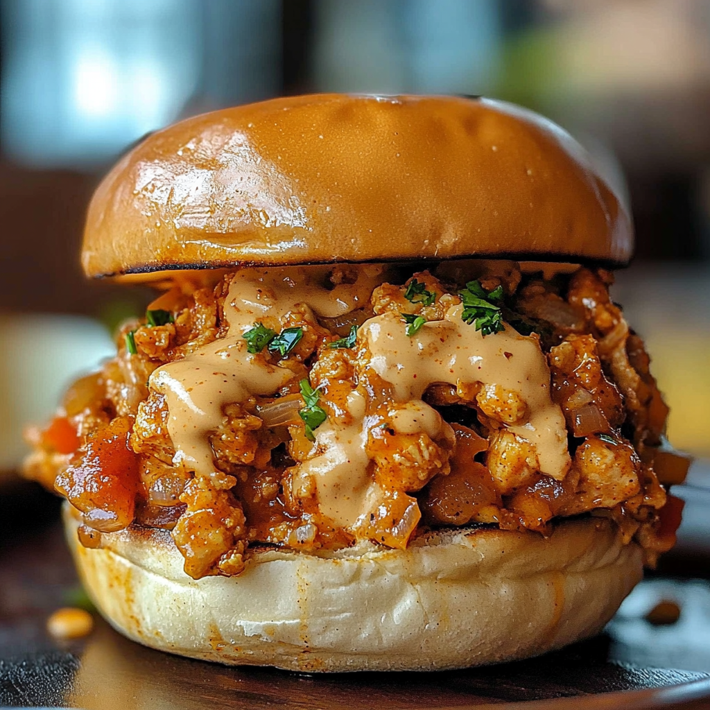 Close-up of a Cajun Chicken Sloppy Joe with ground chicken, bell peppers, and melted cheese on a toasted bun.