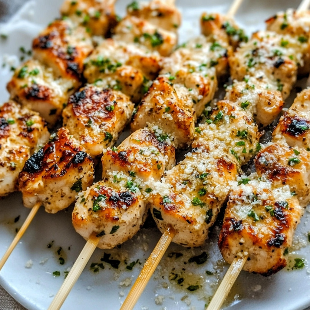 Skewers of grilled chicken coated in ranch garlic parmesan sauce, garnished with fresh parsley, served on a wooden platter.