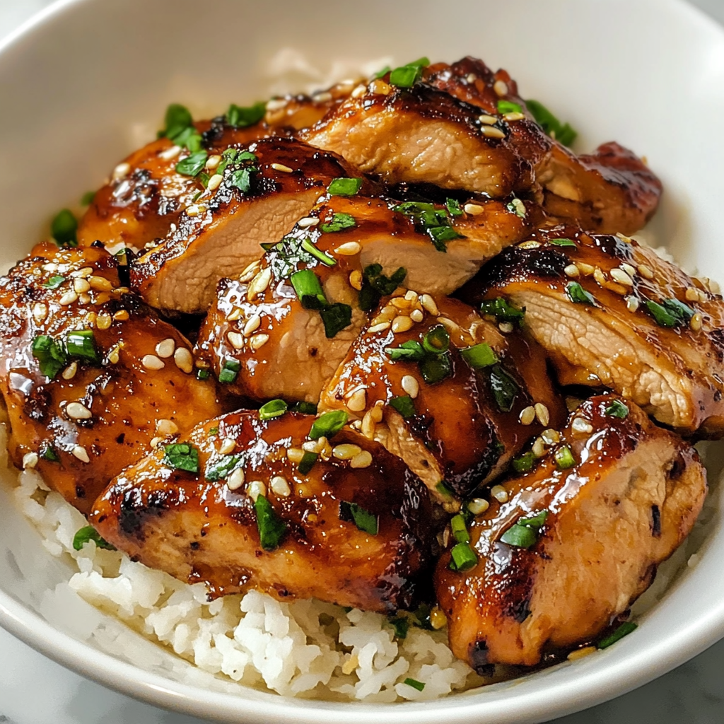Plate of honey garlic chicken garnished with sesame seeds and green onions, served with steamed rice and broccoli.